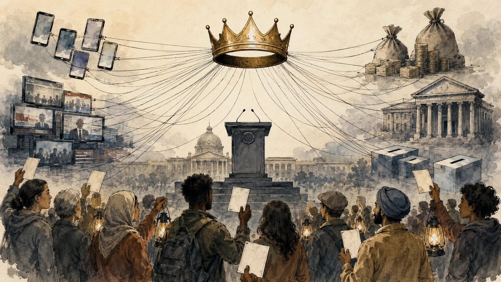 Editorial illustration of a crown connected by strings to phones, media, money, courts, ballots and a political podium